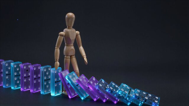 Wooden figure stands before falling dominoes, symbolizing pause amid chaos.