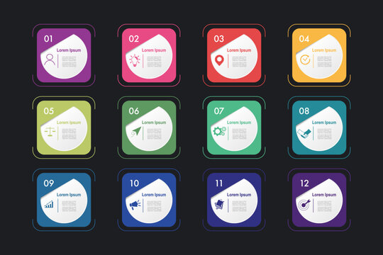 infographic elements template, business concept with 12 steps, multi color rectangle shapes design  for workflow layout, diagram, annual report, vector