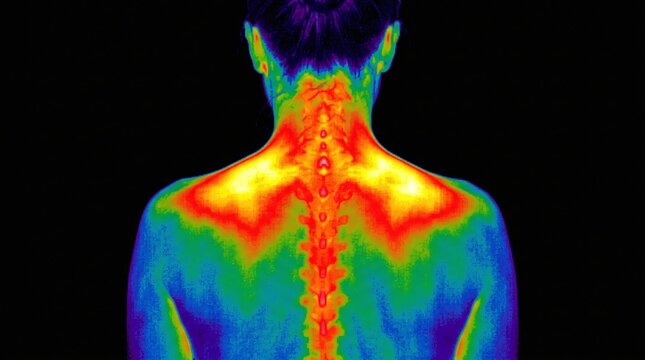 High Contrast Infrared Thermogram of Spine and Trapezius Muscles Highlighting Severe Muscular Tension