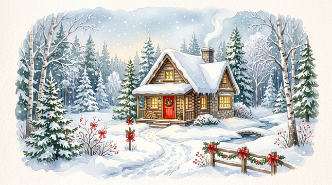 Serene snowy winter landscape featuring a glowing wooden cabin nestled in the forest perfect for peaceful holiday greetings and card designs