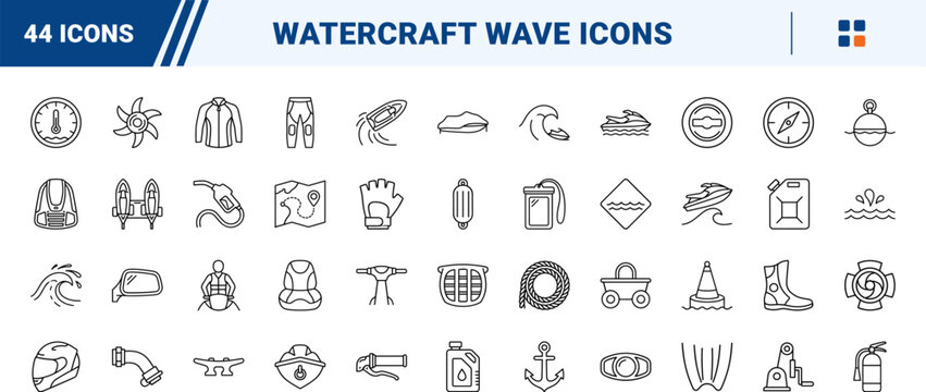 Jet ski waves line icon set. Vector pictograms of watercraft, personal, pwc, and boating elements, thin linear illustration.