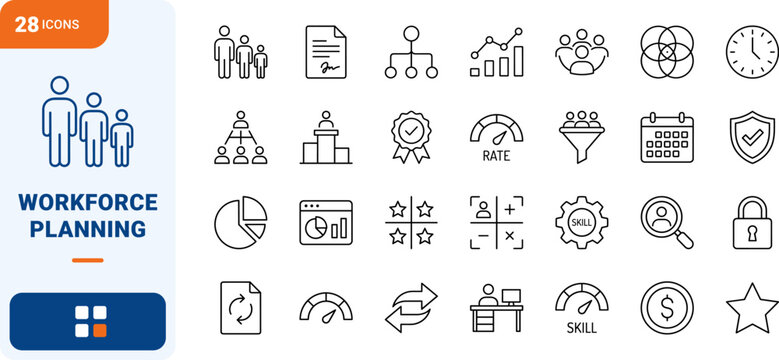 Workforce Planning line icon set. Vector pictograms of staffing, scheduling, analytics, and management elements, thin linear illustration.