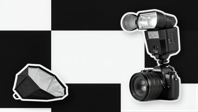 Camera with flash and softbox on black-and-white checkered background.