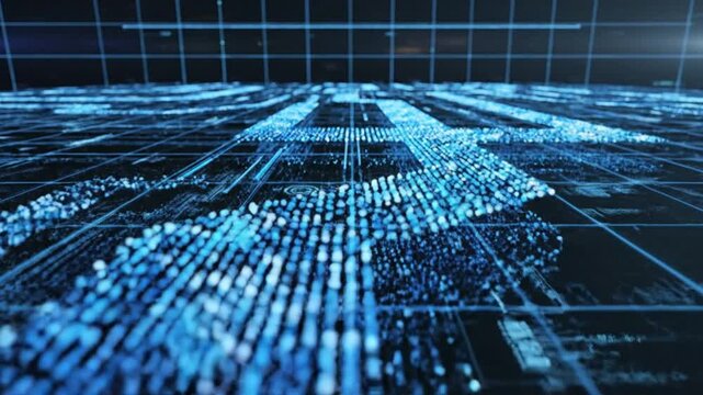 Cyber security network stream moves across a blue glowing digital circuit board surface.