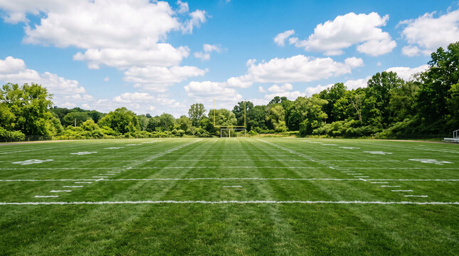 Lush green outdoor American football field extending towards the horizon under a beautiful sunny cloudy sky perfect for athletic sports designs