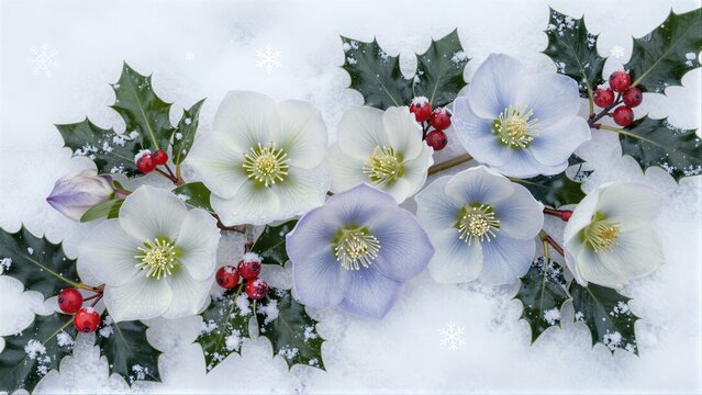 Snowy winter scene with white and purple flowers, holly leaves, red berries.