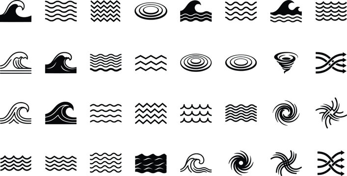 Minimalist water wave icons set, black sea ripple symbols, 32 ocean surf and whirlpool vector elements for logo design and web interface