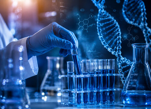 AI generated gloved hand holding test tube DNA helix molecular data for genetics biotechnology laboratory research genomic science