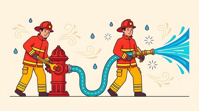 Firefighter Team Operating Fire Hydrant with Wrench and Spraying Water Hose for Fire Extinguishing