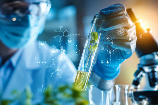 AI generated scientist examining seedling test tube digital molecular data for plant biotechnology agriculture genetics sustainable scientific research