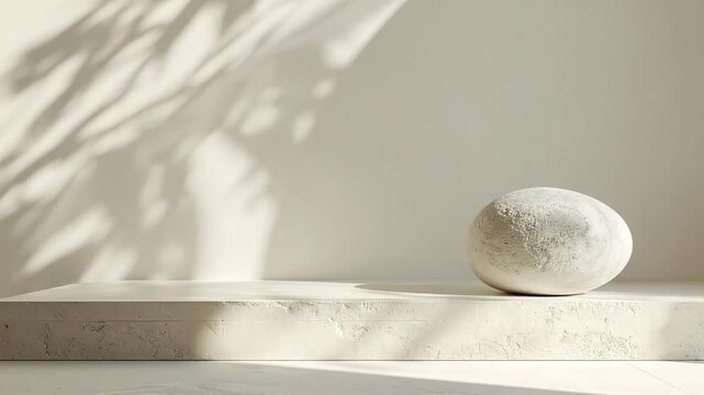 Minimalist light beige concrete plinth and stone object with natural leaf shadows on a neutral background