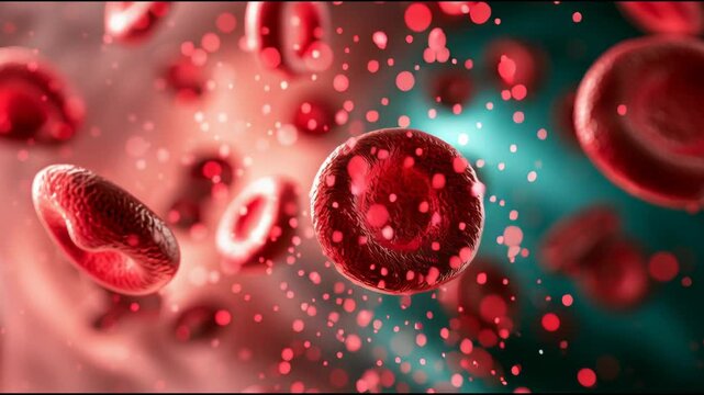 Red blood cells float in a digital space. The background has different colors and particles that swirl around. The movement shows activity.