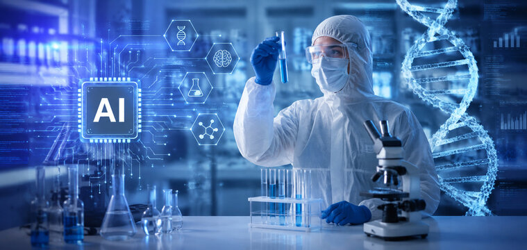 AI generated scientist analyzing test tube AI chip DNA helix microscope laboratory equipment for genetics biotechnology research medical innovation