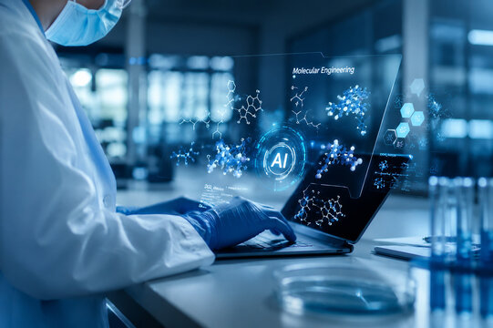 AI generated scientist using laptop AI molecular data for biotechnology chemistry laboratory research drug discovery scientific innovation