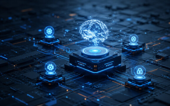 AI generated digital brain computer chip connected technology network representing artificial intelligence machine learning cybersecurity advanced computing