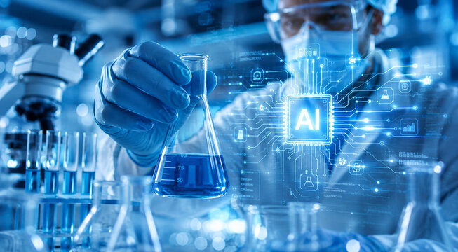 AI generated scientist holding laboratory flask AI digital interface representing biotechnology research automation medical science innovative technology