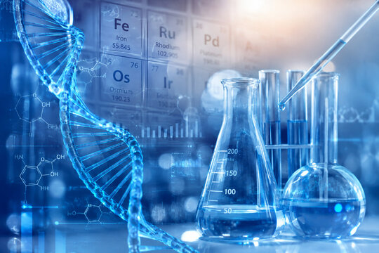 AI generated DNA helix laboratory glassware periodic table molecular formulas representing biotechnology chemistry genetics scientific research