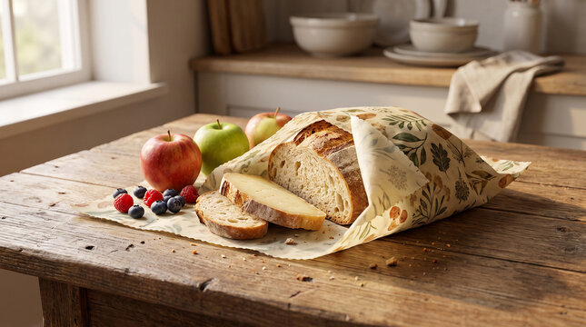 Sliced rustic bread and fresh fruits preserved in sustainable beeswax food wraps on a sunny kitchen counter.