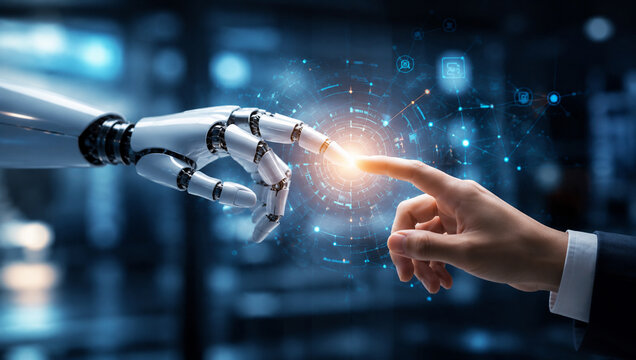AI generated human robotic hands touching glowing digital interface representing artificial intelligence collaboration automation robotics future technology
