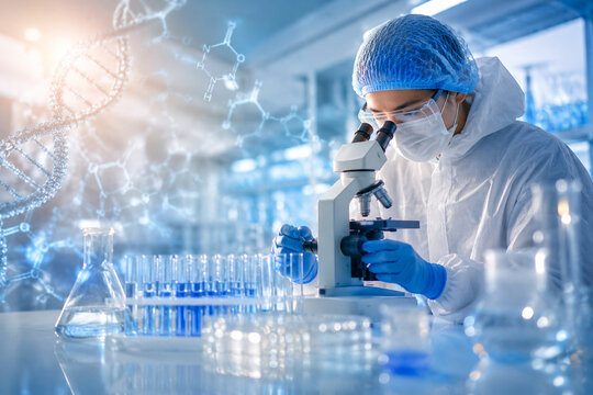 AI generated scientist using microscope DNA helix molecular structures laboratory equipment for biotechnology genetics medical research scientific innovation