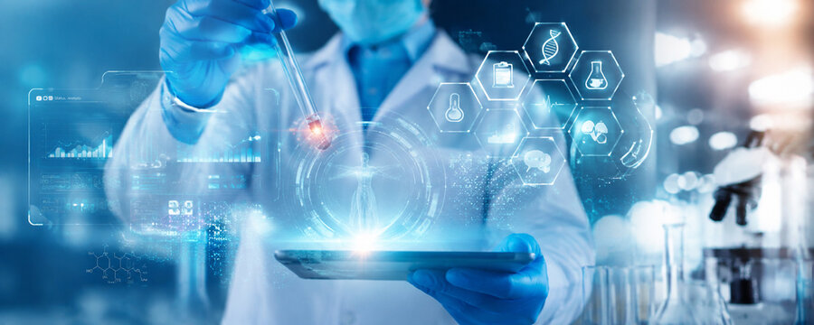 AI generated scientist analyzing test tube tablet digital medical interface for biotechnology healthcare diagnostics laboratory research innovation
