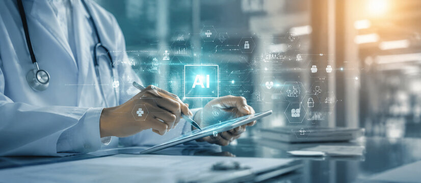 AI generated doctor using tablet AI medical interface for digital healthcare diagnostics patient data analysis innovative medical technology