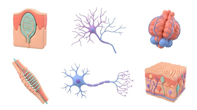 3D anatomical icons showing neuron cells, skin layers and sensory nerve receptors on white