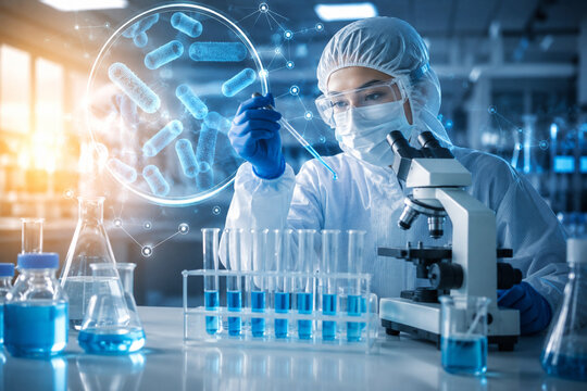 AI generated scientist analyzing bacteria pipette microscope test tubes for microbiology biotechnology laboratory research diagnostics medical science