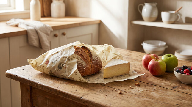 Rustic bread and cheese wrapped in eco friendly reusable beeswax food wrap on a wooden kitchen table.