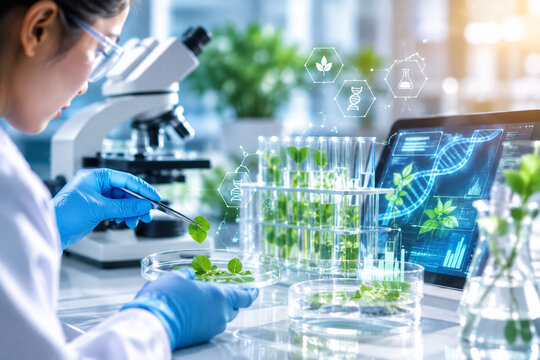 AI generated scientist studying plant tissue microscope DNA data seedlings for biotechnology genetics agriculture sustainable scientific research