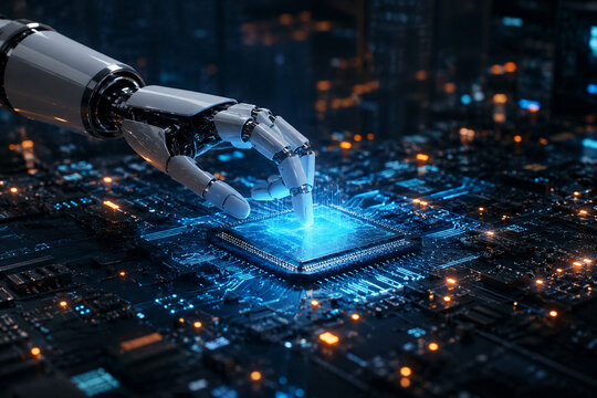 AI generated robotic hand touching glowing computer chip digital circuits representing artificial intelligence automation robotics advanced computing technology
