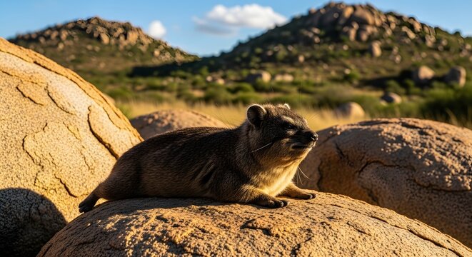 Rock Hyrax Resting on Sunlit Rocks in an Arid African Landscape
