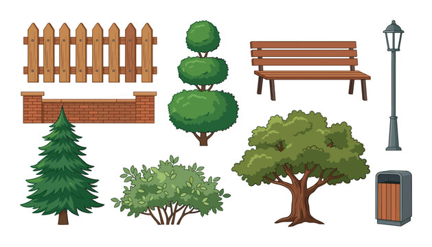 Park and garden element vector set icon collection of trees fence bench and street lamp isolated on white background for landscape design