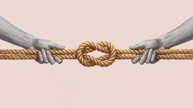 Illustration of two monochrome hands pulling a thick fiber rope in opposite directions, featuring a central knot representing conflict, connection, or tension.
