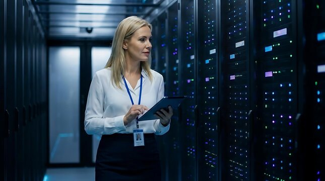 IT professional using tablet in server room