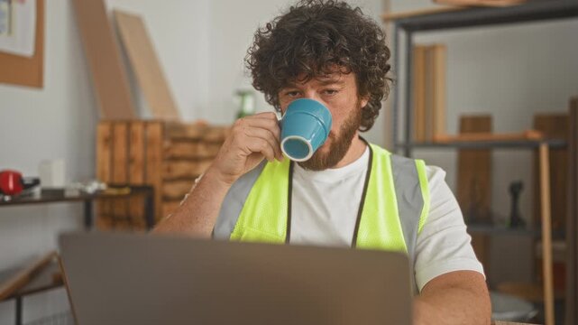 Man holding blue mug and working on laptop in building while wearing a reflective vest and surrounded by wood; focused productivity.