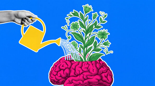 A conceptual collage showing a hand watering a pink brain from which a green plant grows, symbolizing personal growth, learning, and mindfulness.