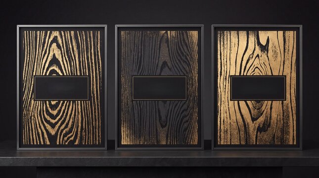 A set of three elegant picture frames featuring ornate black and gold wood grain textures on a dark surface, perfect for sophisticated interior design mockups.