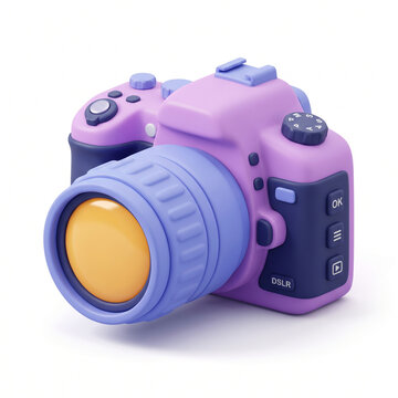 3D Rendered Illustration of Cute DSLR Camera with Zoom Lens and Mode Dial in Pastel Purple, Blue, and Yellow for Photography App UI Design