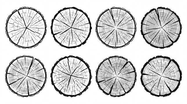 A collection of eight circular wood grain textures and tree stump cross sections rendered in a detailed black and white line art style.