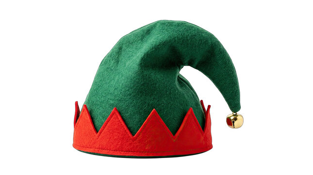 A charming festive and vibrant green and red elf hat perfectly isolated on transparent background