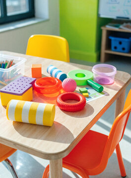 Wooden tabletop in kindergarten classroom with colorful toys 