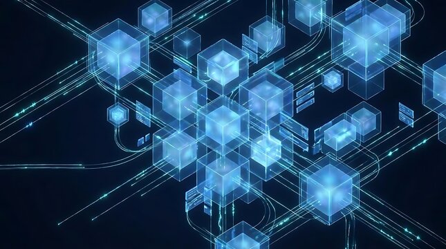 Abstract digital network of glowing blue cubes