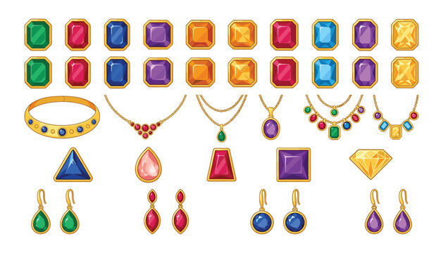Luxury gold jewelry vector set with colorful precious gemstones necklaces and earrings for fashion accessory graphic design