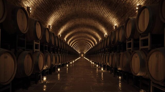 Quiet Dim Wine Cellar Aisle With Barrels And Lights.