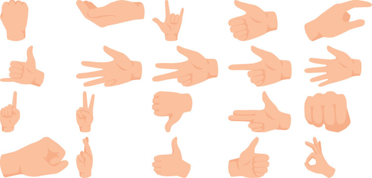 Set of twenty flat hand gestures, including thumbs up, pointing, peace sign, fist, and various finger counts on a white background