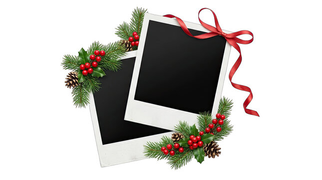 Festive holiday photo frames with red ribbon and berry sprigs perfect for seasonal memories isolated on transparent background