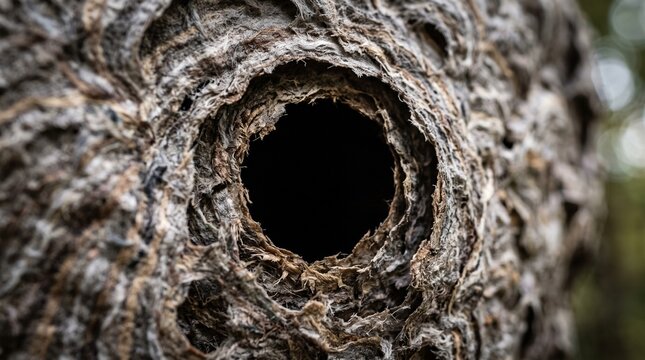 Hornet nest close up with detailed grey paper texture and entrance