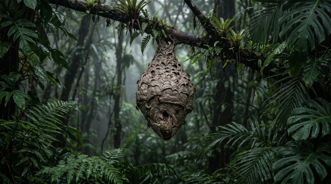 Hornet nest hanging from a tree branch in a misty tropical rainforest