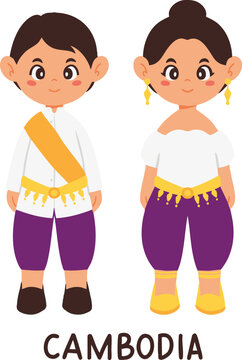 Cute Cambodian boy and girl wearing traditional Sampot outfit flat vector illustration